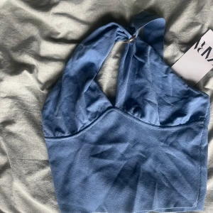Blå halterneck topp - Snygg blå halterneck topp i ett mjukt och stretchigt material. Perfekt för sommardagar eller en utekväll. Toppen har en knytning i nacken och en stilren design som gör den lätt att matcha med olika outfits. Aldrig använd med prislapp kvar. Ny pris: 19€. Pris går att diskutera 