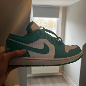 Nike Air Jordans i turkos och vit - Snygga Nike Air Jordans i en fräsch turkos och vit färgkombination. Skorna har klassisk snörning och den ikoniska Air Jordan-loggan på hälen. Perfekta för att ge din stil en sportig touch.