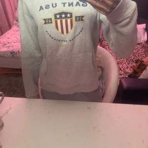 Grå hoodie från Gant - Säljer en grå tjock hoodie från Gant med tryck 'GANT USA' och ett sköldemblem på framsidan och luva 🥰