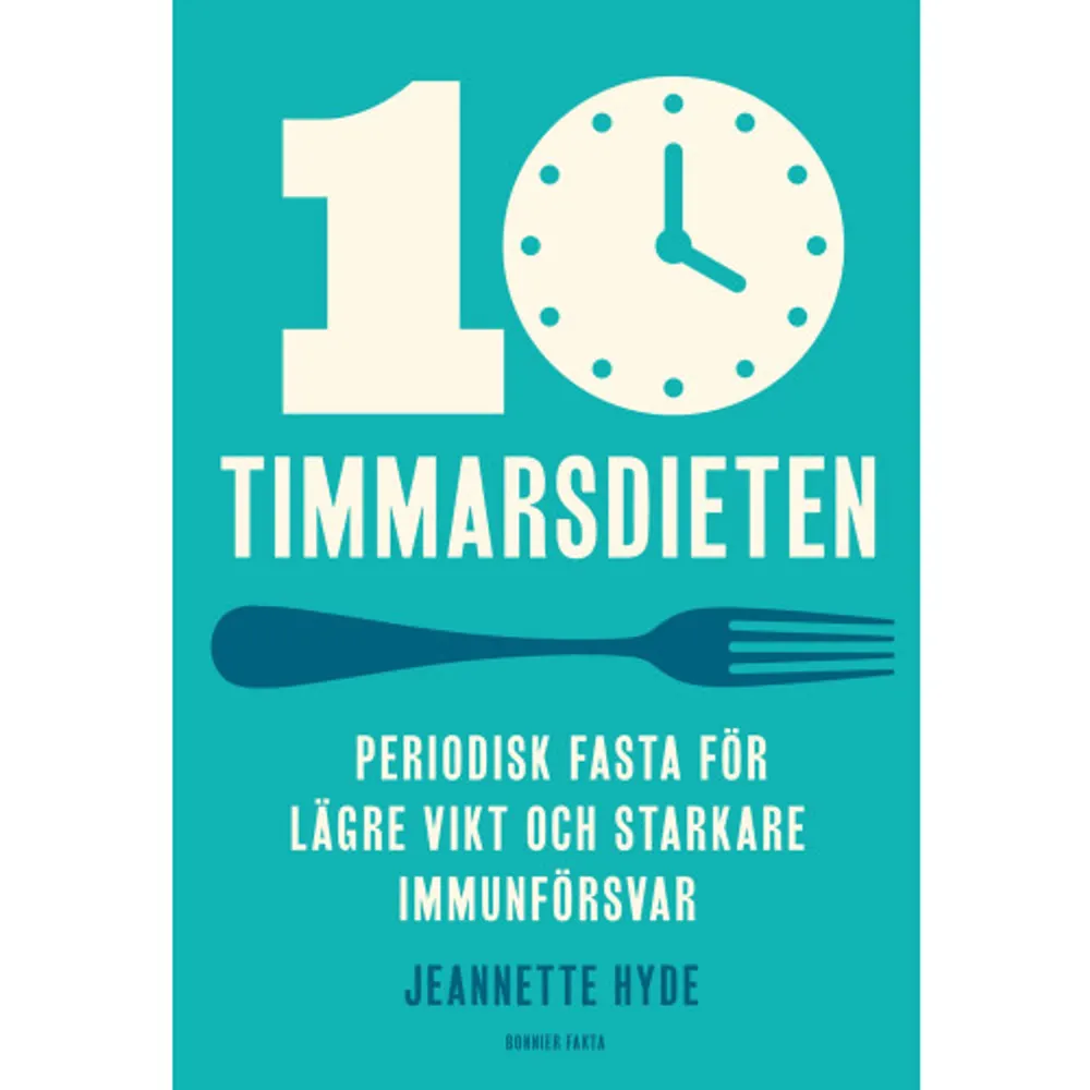 Vill du gå ner i vikt, må bättre och minska risken för diabetes och hjärt-kärlsjukdom? Samtidigt som du fortsätter äta den mat du brukar? 10-timmarsdieten är en metod som tagits fram av världsledande forskare på dygnsrytmen. Allt du behöver göra är att äta dina måltider under ett fönster på tio timmar. Genom små förändringar – frukost lite senare och middag lite tidigare – kommer du att förbättra din hälsa och ditt immunförsvar markant. I boken guidas du steg för steg av nutritionisten Jeannette Hyde. Hon hjälper dig att förändra ditt ätmönster och undvika vanliga fallgropar. Boken är packad med tips, vetenskap, fallstudier och enkla recept – den ultimata guiden till periodisk fasta.    Format Kartonnage   Omfång 170 sidor   Språk Svenska   Förlag Bonnier Fakta   Utgivningsdatum 2021-07-20   Medverkande Sandra Medin   Medverkande Lukas Möllersten   ISBN 9789178873036  . Böcker.