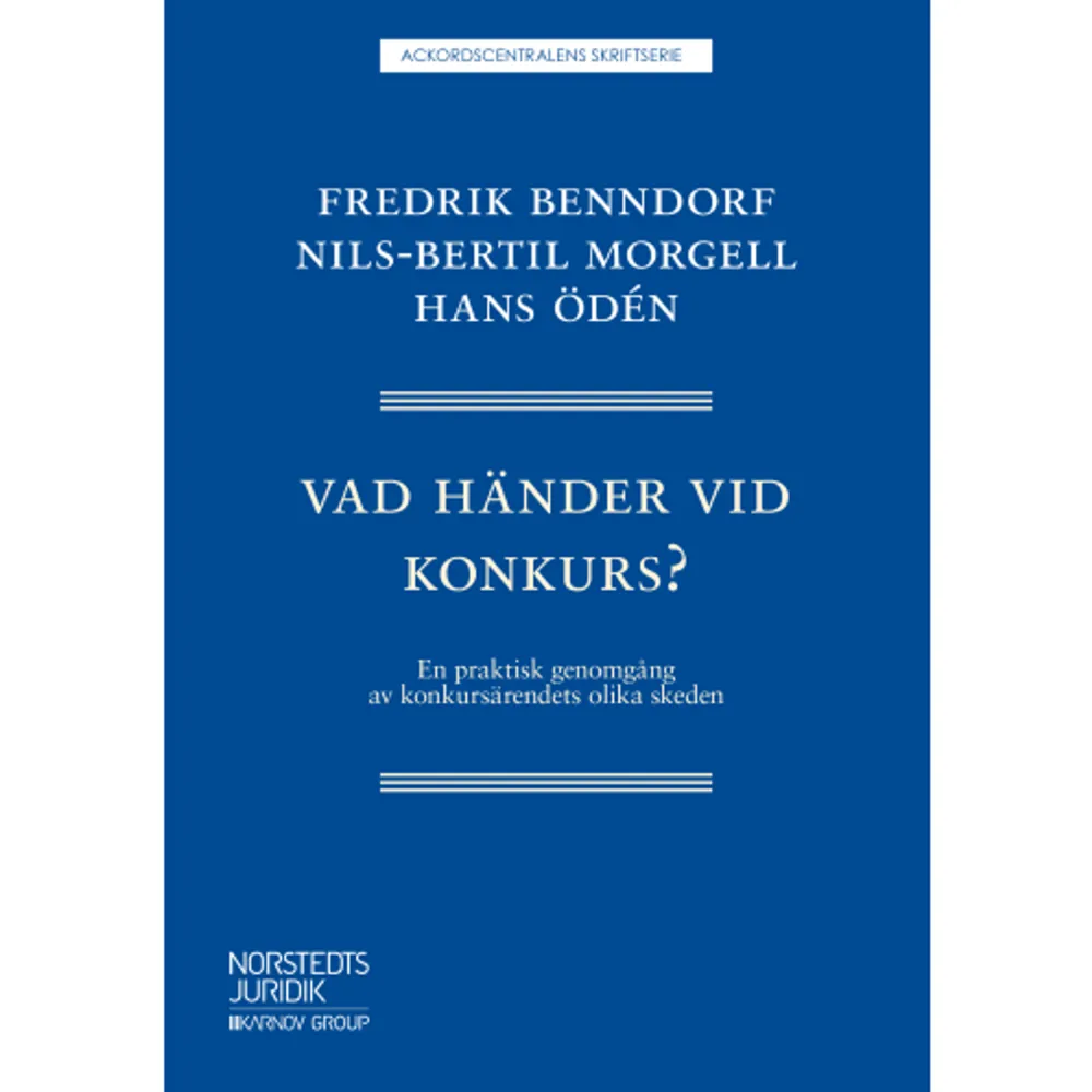 Denna bok är ingen traditionell lagkommentar, utan innehåller en praktisk redogörelse för hur en konkurs inleds, handläggs och avslutas. Här beskrivs vem som kan ansöka om konkurs och vad sökanden ska ange i sin ansökan. Vidare beskrivs bl.a. vilka tillgångar som ingår i konkursen och hur försvunna tillgångar kan återvinnas till konkursboet. Särskilda kapitel ägnas åt borgenärens och gäldenärens möjligheter att påverka konkursens handläggning. Boken riktar sig i första hand till jurister, ekonomer och andra som arbetar med konkurser i egenskap av företrädare för eller rådgivare till borgenärer. Den kan även användas som kurslitteratur på universitet och högskolor.    Format Häftad   Omfång 183 sidor   Språk Svenska   Förlag Norstedts Juridik AB   Utgivningsdatum 2019-01-17   Medverkande Nils-Bertil Morgell   Medverkande Hans Ödén   ISBN 9789139020967  . Böcker.