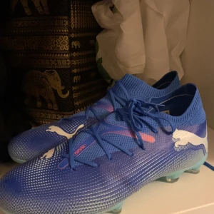 Blå fotbollsskor från Puma - Snygga blå fotbollsskor från Puma med vit logga och snörning. Skorna har en modern design med FR-logga på sidan och är perfekta för fotbollsplanen. Använda max 2-3 gånger. Säljer pga lite stora på mig. Kan sänka vid snabb affär.
