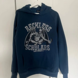Blå hoodie från Reckless Scholars - Säljer en snygg blå hoodie från Reckless Scholars med ett coolt tryck på framsidan. Den har en stor ficka fram och är perfekt för en avslappnad stil. Passar bra till både höst och vår!