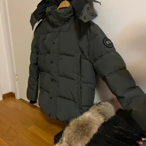 Grå Canada gosse jacka  - Säljer en stilren grå dunjacka från Canada Goose med avtagbar päls. Jackan har en hög krage, knappar och dragkedja framtill. Perfekt för kalla vinterdagar.