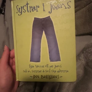 Systrar i jeans - Boken 'Systrar i jeans' av Ann Brashares handlar om fyra vänner och ett par jeans som de delar under en sommar. Omslaget är grönt med en bild av ett par jeans i mitten.