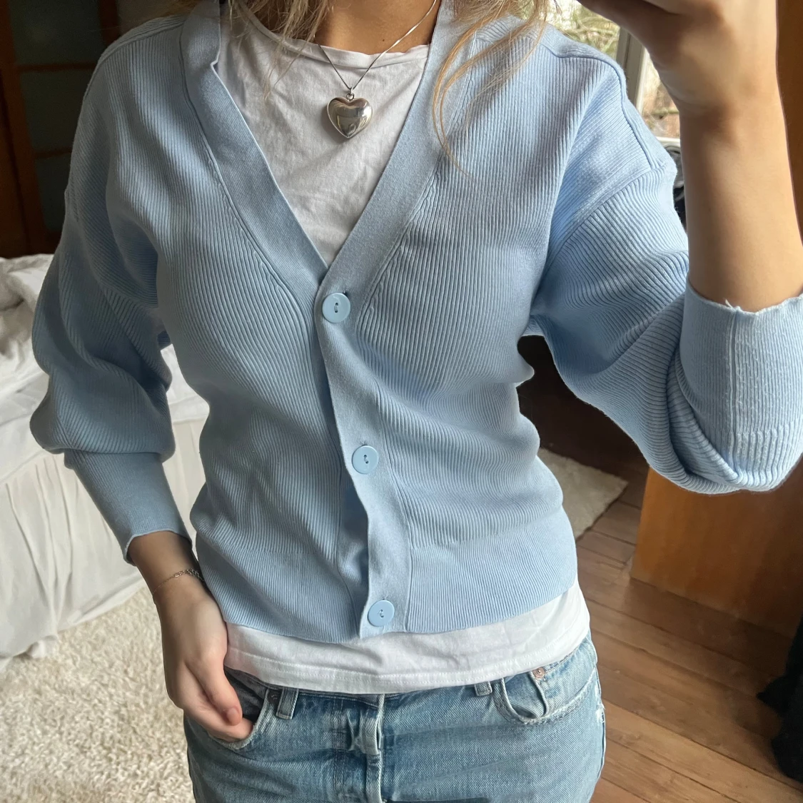 Ljusblå ribbad kofta - 3