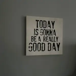 Säljer en canvastavla med texten 'Today is gonna be a really good day'. Tavlan har en ljusgrå bakgrund med svart text med lite sliten stil. Den är fyrkantig och lätt att hänga upp! Mått: 29x29,2,5 cm 