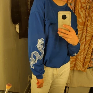 Blå tröja - Skön lös blå tröja med häftigt tryck på armarna. Det står ingen storlek men passar M/L beroende på hur man vill att den ska passa. Den är i nyskick.
