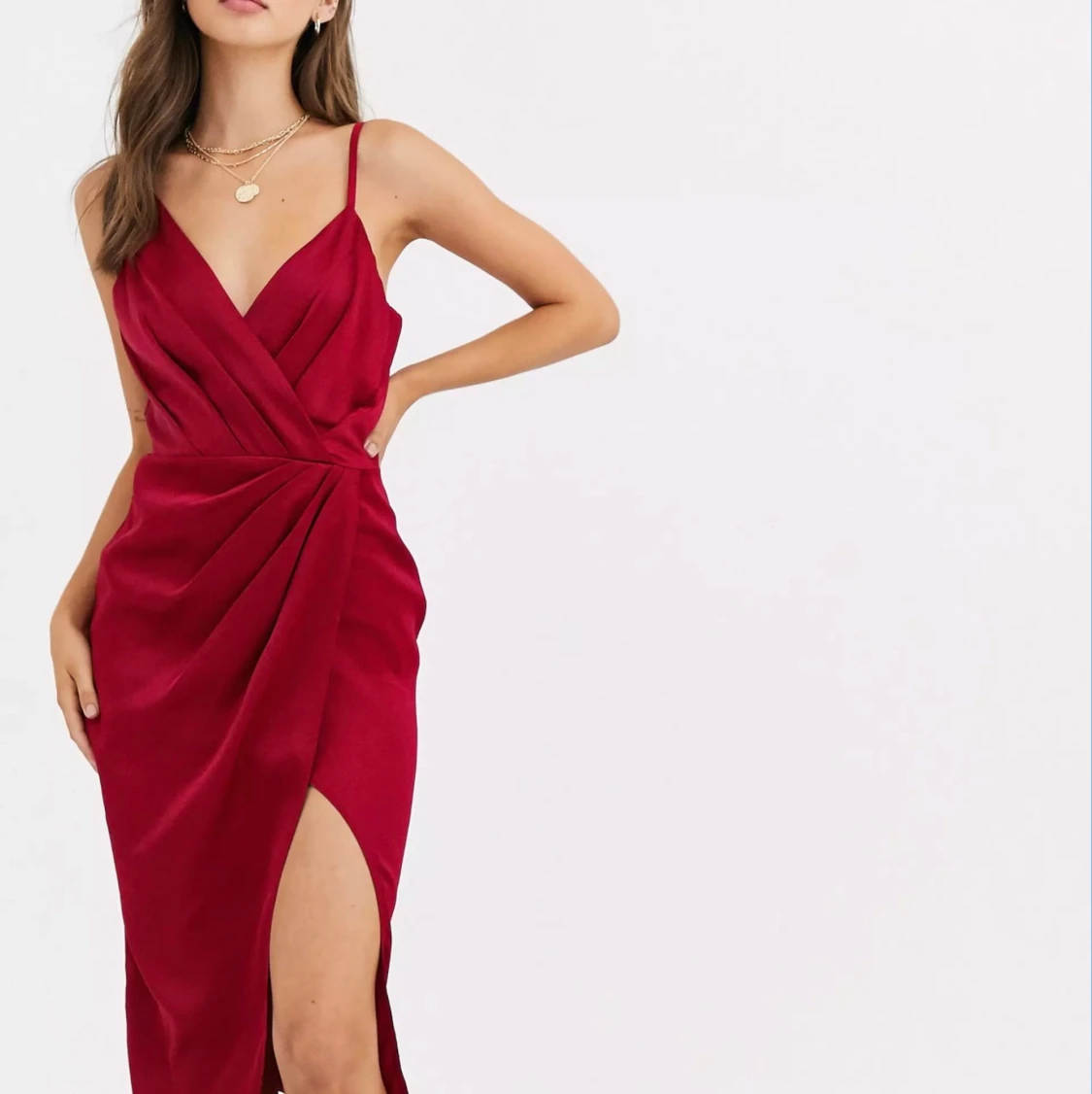 Little Mistress satin wrap dress in ruby