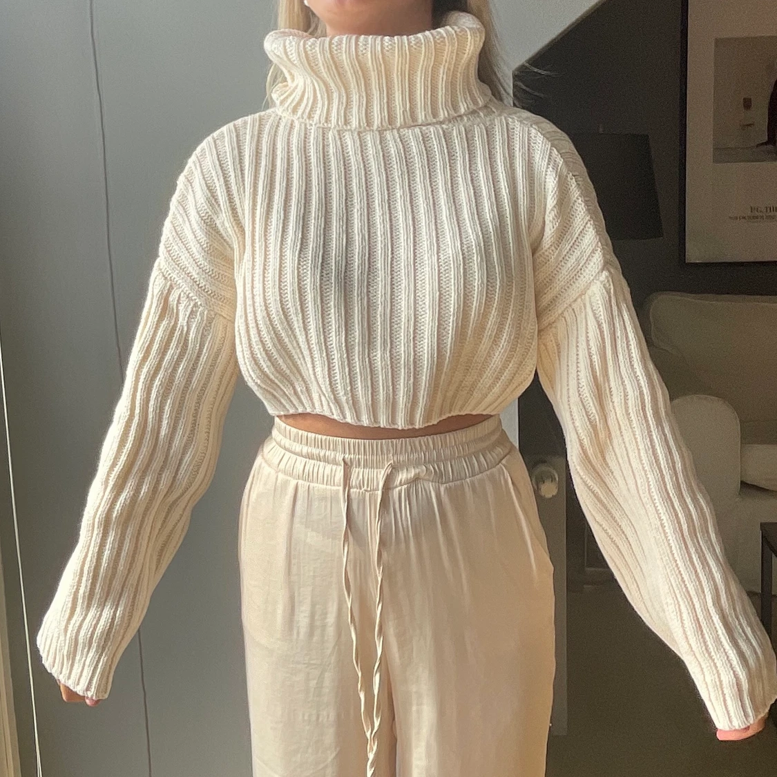 vit croppad stickad tröja  - 90