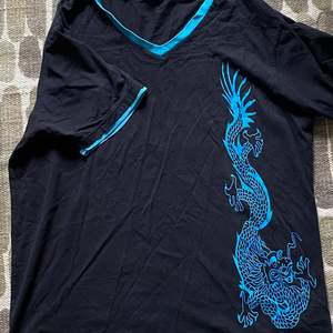 En v ringad svart t shirt med tryck av en blå drake. Storlek medium.