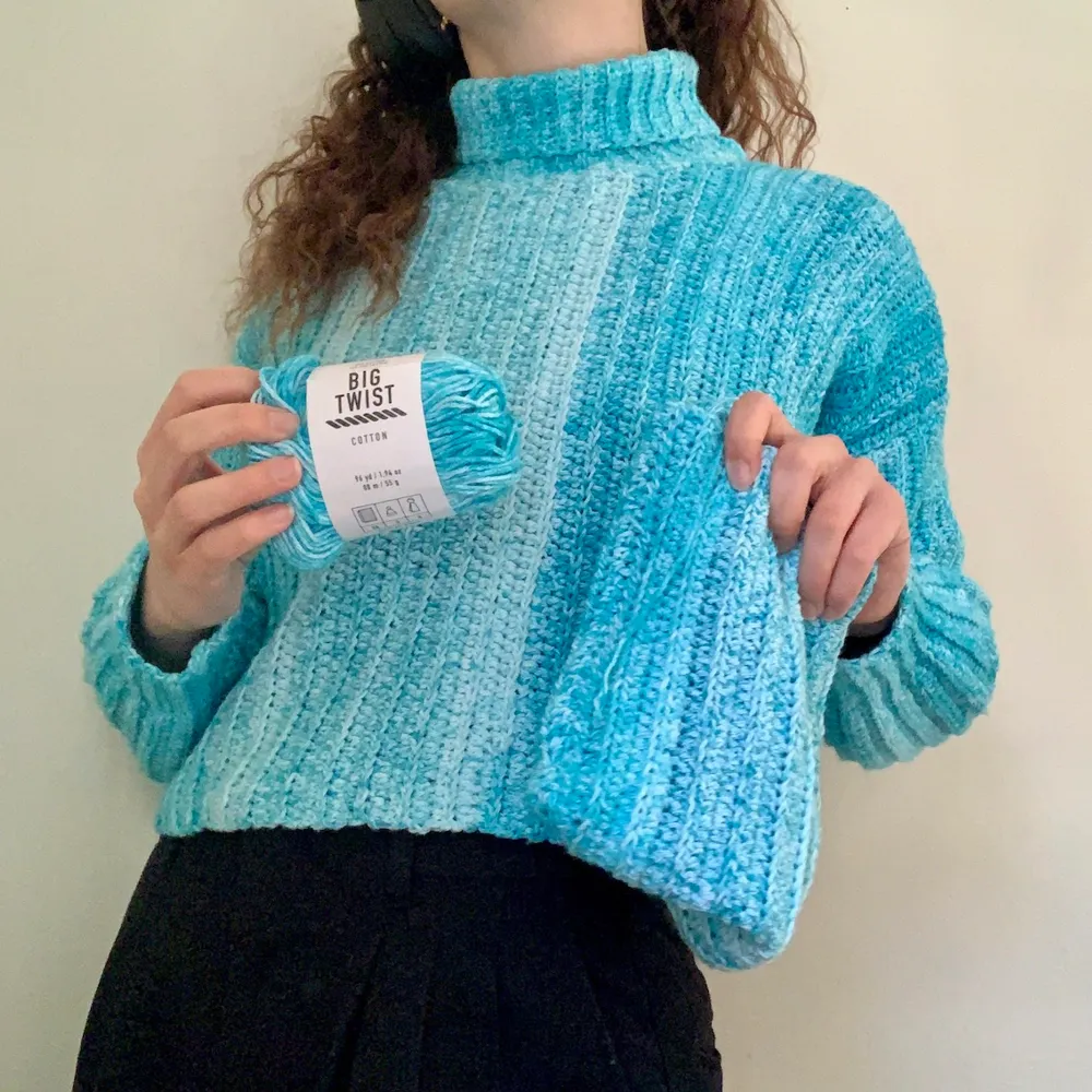 crocheted with cotton yarn, this sweater is super warm with ribbed panels and ribbed cuffs. handmade with the yarn featured in the pictures, this project was completed over the course of several weeks. brand-new, pls message to recieve more photos/info :). Stickat.