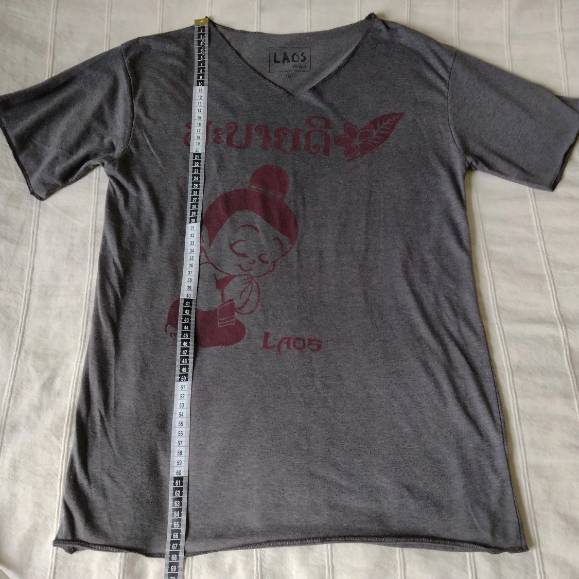 Gråmelerad, v-ringad t-shirt/topp med tryck, Laos, storlek M (S) - 90