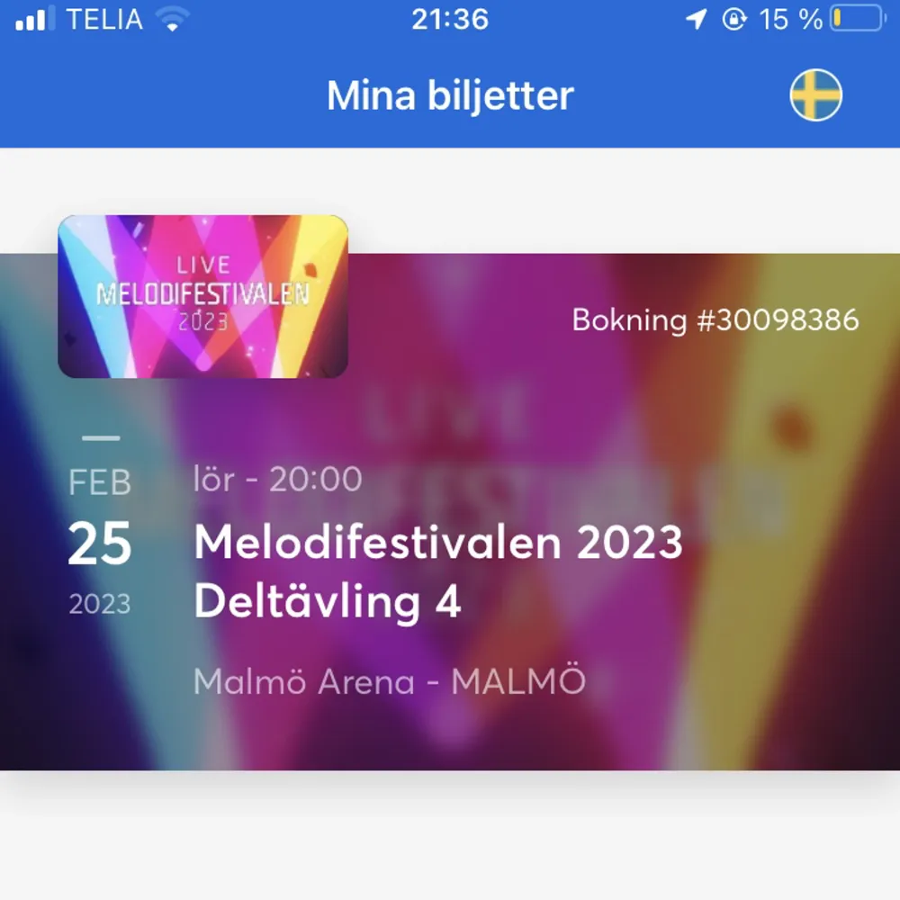 Hej! Jag säljer min biljett till melodifestivalen deltävling 4 i Malmö. Platsen på rad 15, plats 14 på första parkett, dvs nära scenen ;)  Överföring av biljett sker på Ticketmaster! Skriv vid intresse, jag är öppen för budgivning.. Övrigt.