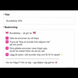 Bundelköp INFO, Swipe ➡️ - 💛 Så gör du ett bundle-köp: Lika de set du vill köpa först ❤️ Dina likade produkter hamnar högst upp när du klickar på ”Köp en bundle från säljaren här” på min profil. Där kan du enkelt välja dina set och få 10 % bundle-rabatt.
