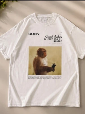 Vit Sony t-shirt med apa och tryck - Helt ny limited edition fp2. Vit t-shirt med tryck framtill som visar en apa som håller en kassettspelare. Ovanför motivet står det 'Sony' och 'Casual Audio' tillsammans med japansk text. T-shirten har rund hals och korta ärmar, perfekt för en avslappnad stil.