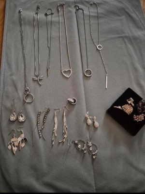 Bijouterier Accessoarer  - Säljer ett set med flera olika silvriga örhängen i varierande design. Här finns bland annat droppformade örhängen med kristall, hängande örhängen med kedjor, örhängen med små vita pärlor och dekorativa detaljer som stjärnor och löv. Perfekt för dig som gillar att variera din stil. Ringar strl 17,5