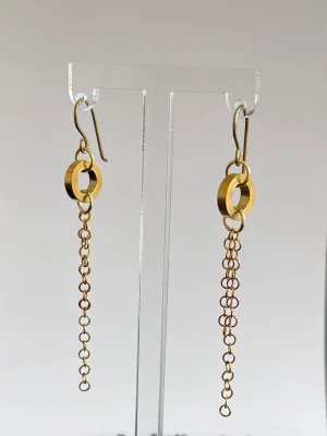 Guldiga kedjeörhängen i stål med ringar - Snygga örhängen i guldton med cirkelformad detalj och hängande kedjor. De har en modern och minimalistisk design som ger en cool touch till din stil. Perfekta för dig som gillar statement-accessoarer. Materialet ser ut att vara metall.