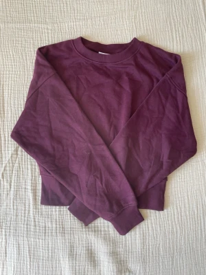 Vinröd croppad sweatshirt - En enkel och stilren lila sweatshirt med croppad passform och rund hals. Tröjan har långa ärmar och ribbade muddar vid ärmslut och nederkant. Perfekt för en avslappnad och trendig look. Lite smutsig på ett ställe (se bild 4) men går mest troligt bort i tvätten.