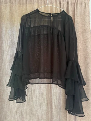 Svart volangblus från Bik Bok - Säljer en svart transparent blus från Bik Bok med långa, vida ärmar och volangdetaljer. Blusen har rund halsringning och är gjord i ett tunt, luftigt material som ger en snygg flowy look. Perfekt för dig som gillar statement-ärmar och trendig stil.