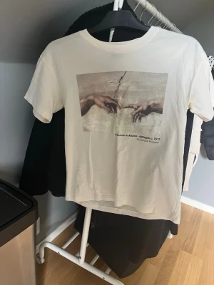 Vit t-shirt med konsttryck - Vit t-shirt med korta ärmar och tryck av Michelangelos 'Skapelsen av Adam' på bröstet. T-shirten har en klassisk passform och rund halsringning. 