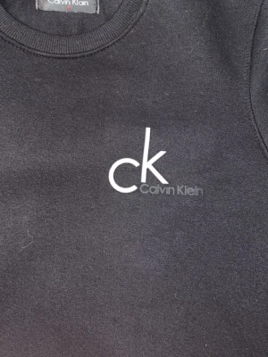 Svart sweatshirt från Calvin Klein - Snygg svart sweatshirt från Calvin Klein med klassisk ck-logga tryckt på bröstet. Tröjan har rund halsringning och är tillverkad i mjukt bomullsmaterial. Perfekt för en clean och stilren look.