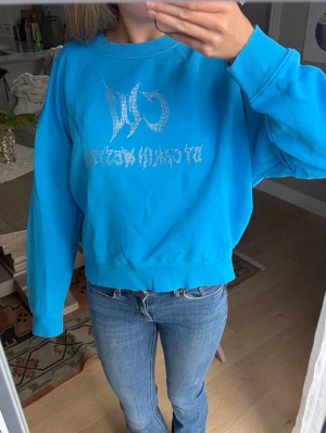 Blå sweatshirt - Säljer en blå oversized sweatshirt med coolt Carin Wester tryck i strass på bröstet. Tröjan har rund halsringning, ribbade muddar och avslappnad passform. Perfekt för dig som vill sticka ut med en färgglad och trendig look.
