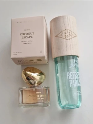 Sol de Janeiro och Coconut Escape parfym -  Sol de Janeiro Refresco Paraiso Cheirosa Perfume Mist med noter av regnskogsorkidé, havsbris och brasiliansk blå kaktus. 90 ml , ca 70% kvar  Coconut Escape Eau de Toilette med toppnoter av apelsin, kokos och persika. Mellannoter av ylang ylang, guaiacwood och tiareblomma. Basnoter av vanilj, heliotrop och mjölk. 30 ml ca 80 %, kvar