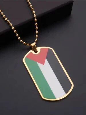 Halsband med Palestinas flagga - Snyggt halsband med en rektangulär bricka i guldtonad metall och motiv av Palestinas flagga i rött, grönt, vitt och svart. Kedjan är kulformad och matchar brickans guldfärgade ram. Perfekt accessoar för att visa ditt stöd eller för en unik stil.