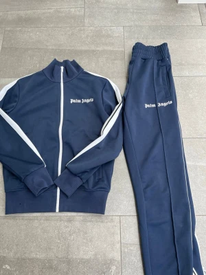 Blå full tracksuit från Palm Angels - Snyggt blått tracksuit-set från Palm Angels med vita detaljer längs ärmar och ben. Jackan har dragkedja framtill, hög krage och logga på bröstet. Byxorna har resår i midjan och logga på låret. Perfekt för chill eller sportiga dagar. Den är i mycket gott skick och knappt använd. Både byxor och tröja ingår.