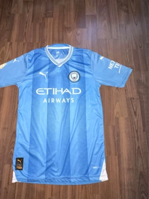 Manchester city tröja - Säljer en blå Manchester City matchtröja från Puma med klubbmärke på bröstet och Etihad Airways som sponsor. Med Haaland nummer 9 på ryggen