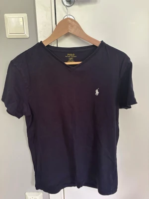 Blå v-ringad t-shirt från Polo Ralph Lauren - Klassisk blå t-shirt från Polo Ralph Lauren med v-ringning och den ikoniska broderade loggan på bröstet. Tillverkad i mjuk bomull och har en normal passform. Perfekt basplagg för en clean och stilren look. Tröjan är i ett mycket bra skick och har inga defekter eller liknande, hör av er vid frågor!