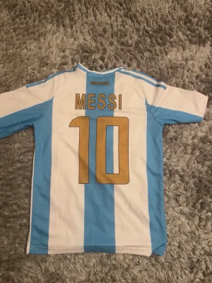 Argentina Messi matchtröja blåvit - Säljer en klassisk Argentina matchtröja med Messi och nummer 10 på ryggen. Tröjan har blå och vita vertikala ränder, korta ärmar och detaljer i guld. Perfekt för dig som älskar fotboll och vill stötta ditt favoritlag.