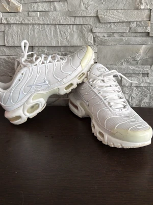 Nike vita Air Max Plus sneakers - Nike Air Max Plus sneakers i helvitt med mesh- och syntetmaterial, ikoniska vågiga detaljer och synliga Air-enheter i sulan. Swoosh-logga på sidan och klassisk chunky sula för maxad streetstil. Skorna köptes i Foot locker.