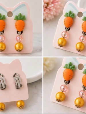 Söta morotsörhängen med pärlor - Unika örhängen med morotsformade hängen i orange och grönt, dekorerade med rosa och guldgula pärlor. Clip-on-modell som passar även utan hål i öronen. Perfekta för dig som vill ha något lekfullt och färgglatt i din stil för barn.