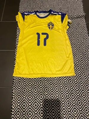 Gul svensk fotbollströja nr 17 - Säljer en gul fotbollströja med blå detaljer och nummer 17 på både fram- och baksidan. Tröjan har ett tryckt svensk landslagsemblem på bröstet och är tillverkad i ett lätt och ventilerande material, perfekt för träning eller match.