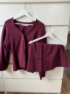 Vinrött set från Zara med topp och kjol - Säljer ett vinrött set från Zara som består av en långärmad topp med v-ringning och en matchande kjol. Båda delarna är i mjukt, stretchigt material och har en enkel, stilren design. Perfekt för dig som gillar minimalistisk och trendig stil.