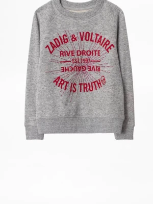 Grå sweatshirt från Zadig & Voltaire - Snygg grå sweatshirt med rund hals och tryck i rött framtill där det står 'Zadig & Voltaire', 'Art is Truth' och andra detaljer. Tröjan har ribbade muddar vid ärmslut och nederkant. Perfekt för en avslappnad och trendig look.