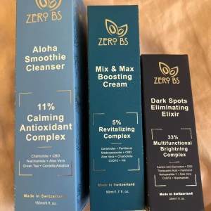 Zero bs beauty sett - Säljer hela settet för 1000kr priset är prutat o klart. Har använt lite mindre än hälften på serumet och mouistrizern. Och endast testat cleansern så den är typ full. 