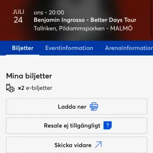 Jag säljer 2st Benjamin Ingrosso bilhetter till hans konsert den 24 juli i Tallriken i Malmö. Jag kommer själv inte kunna gå på grund av förhinder. Jag har bokat med Ticketmaster så det är enkelt att vidarebefordra de via mail. 1500 kr för bådar 