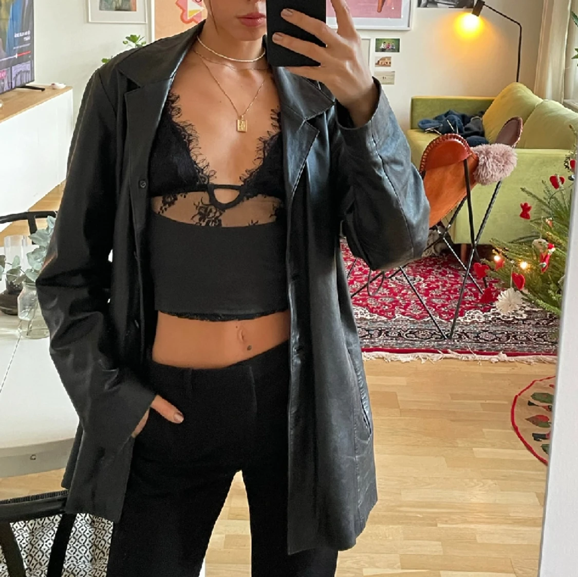 Svart läder kavaj/jacka - 90