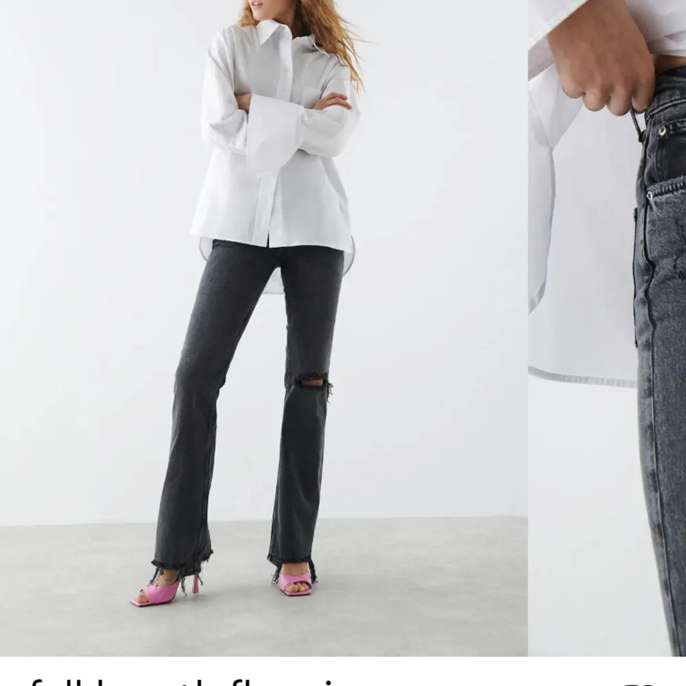 Säljer dessa mörkgrå bootcut jeans som inte kommer till användning, super bra skick . Jeans & Byxor.