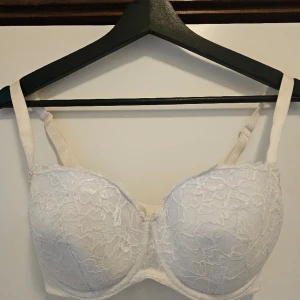 BH 70E - Beskrivning: Vit BH med formpressad kupa med spets över. Storlek: 70E Skick: Gott skick Material:  Nakenkatt finns i hemmet
