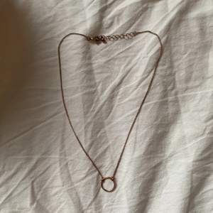 Ett guld/brons halsband med cirkel berlock på