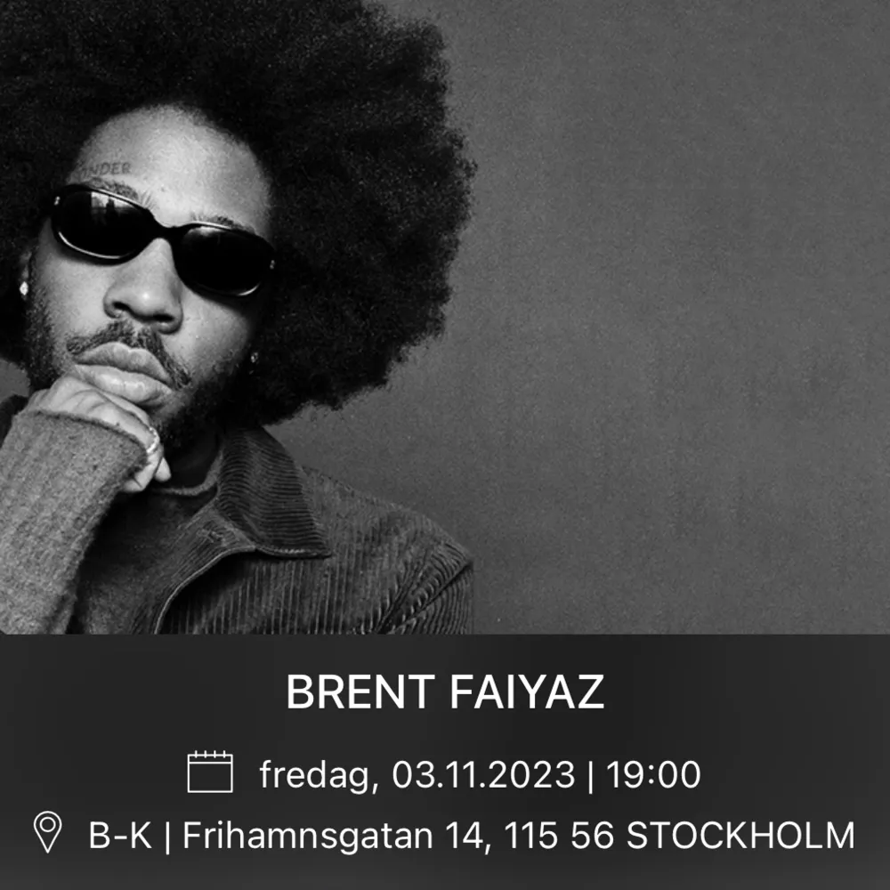 Kommer tyvär inte kunna gå därav säljer jag min biljett till Brent faiyaz konsert i Stockholm den 3 november 😊  (13+ biljett) . Accessoarer.
