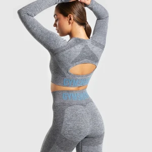 Träningsset från gymshark  - Tights med matchande långarmad croptop i en grå färg med blåa detaljer. Köpt för ganska längesen men endast använt ett fåtal gånger.  Hela setet för 380:- men hör av er om ni är intresserade av enbart en del.
