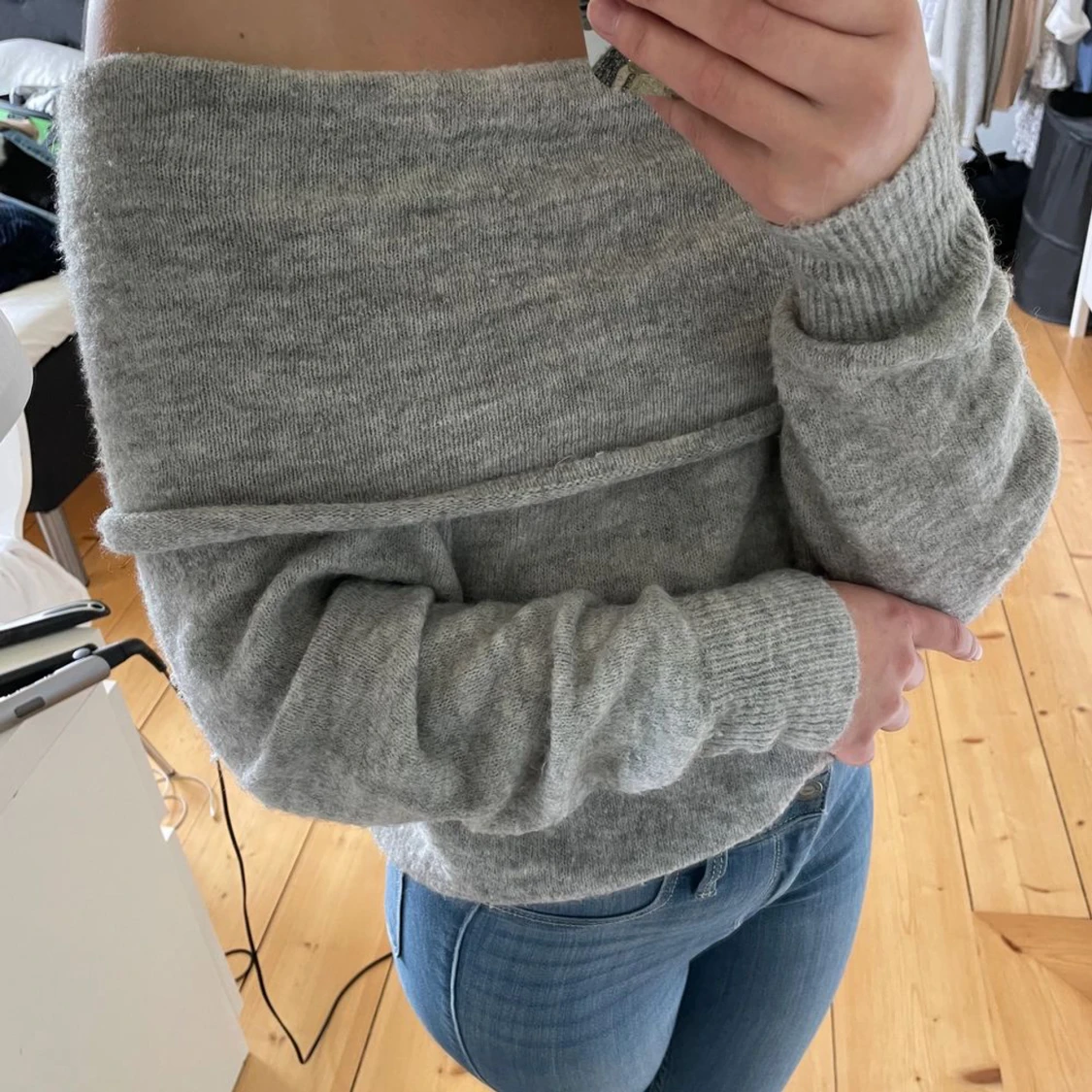 off shoulder sthlmstil grå stickad tröja - 90