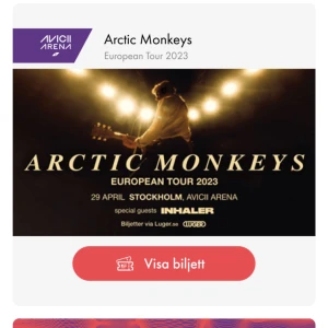 Säljer 1 stå plats Arctic monkeys  - Jag har över en biljett för Arctic monkeys för imorgon. (Ståplats) 29/4-23  Behöver få den såld så snabbt som möjligt.