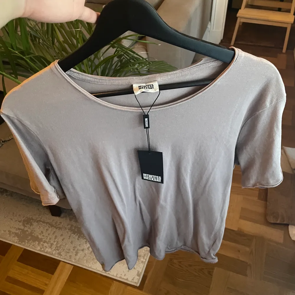 Beige/grå tshirt med djup krage helt ny med prislapp köpt för 15euro~175kr. T-shirts.