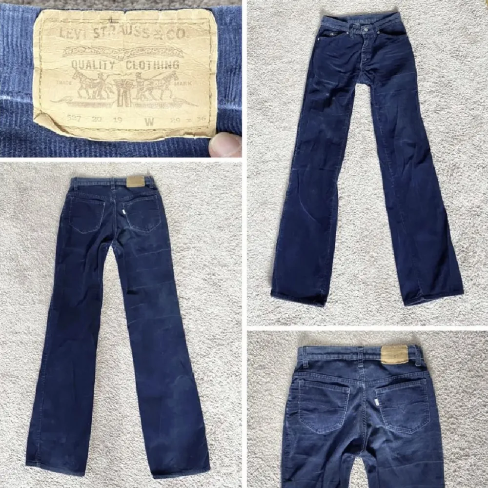 Levi's corduroy utsvängda jeans i marinblå💕 Modellen är 171 cm med storlek S/36/28  Jeansen har midja 72 cm. Insömmen är 89 cm.. Jeans & Byxor.